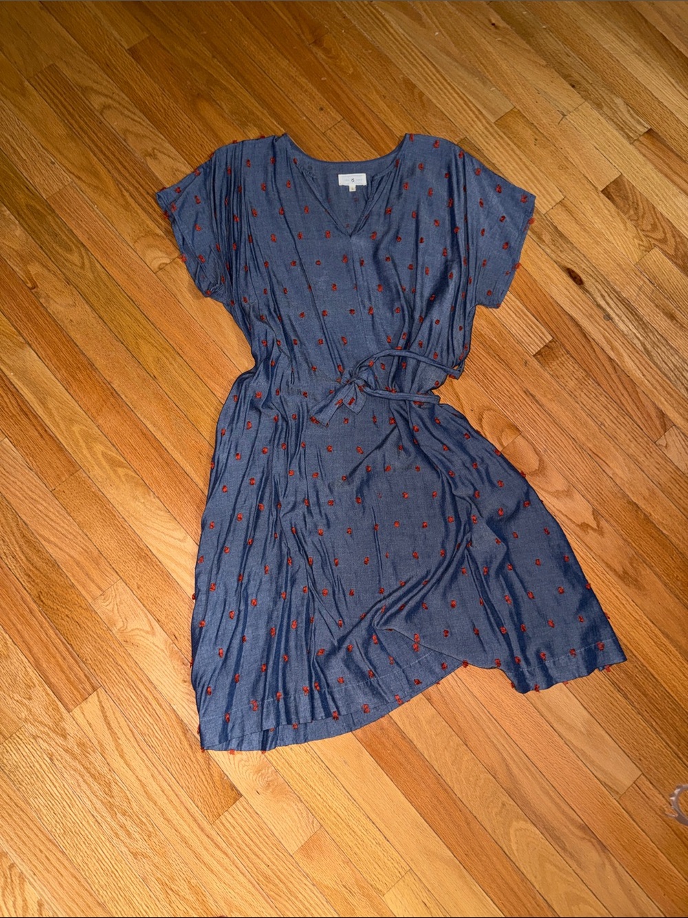 Lou & Grey Chambray Blue Midi Dress with Red Dot Pom-Poms